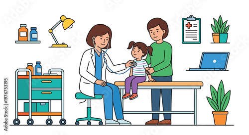 A doctor examines a young girl with her father present in a clinic