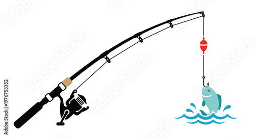 Simple illustration of a fishing rod with a caught fish and water