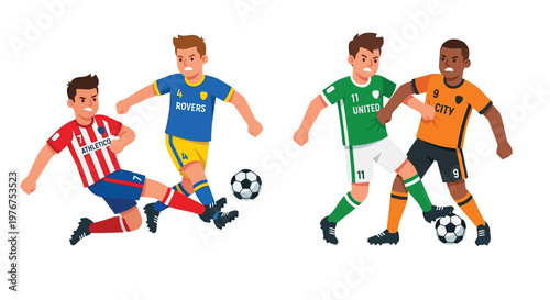 Four soccer players in action with a ball representing athletic competition