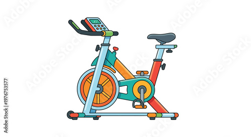 Cartoon illustration of a stationary exercise bike with a digital display