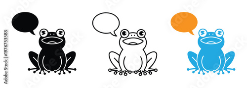 Vector icon frog sitting same pose same proportions solid glyph outline minimal flat multicolor filled cartoon flat shaded. Colorful cartoon frogs with speech bubbles icon set Vector illustration
