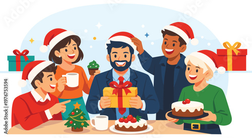 Group of friends happily celebrating Christmas party. They are wearing Santa hats, exchanging gifts, and enjoying festive food and cake.