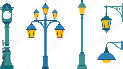 Vintage Street Lamp And Outdoor Post Clock Collection For Urban Park Design