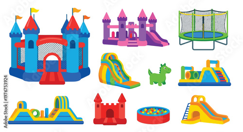 Colorful inflatable bounce houses slides and a trampoline for children s play