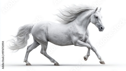 Majestic white horse galloping gracefully across a pristine white background