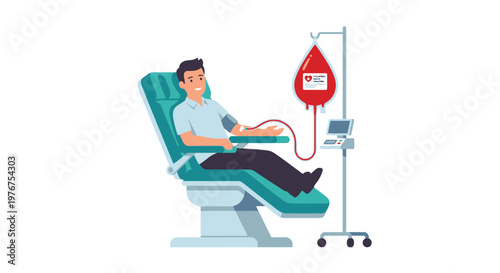 A smiling man donates blood while reclining in a medical chair