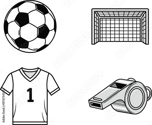 Vector Collection of Soccer Equipment Icons Featuring a Classic Football, Goal Post Net, Referee Whistle, and Number One Jersey for Sports Design and Competition.