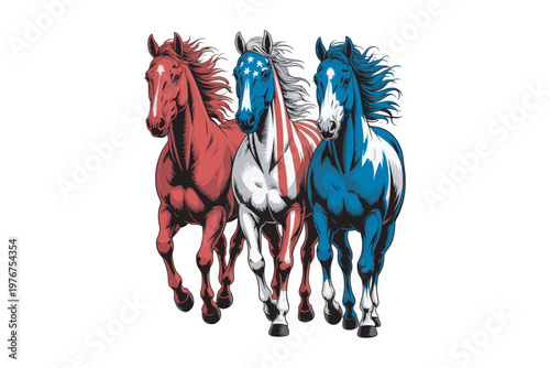Three majestic horses colored red white and blue are depicted in a dynamic pose representing patriotic american imagery on transparent background