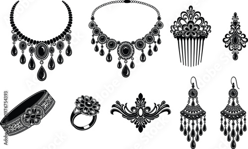 Vector Silhouette Collection of Elegant Vintage Jewelry Set Including Luxurious Necklaces, Ornate Floral Hair Comb, Decorative Earrings, Ring, and Stylish Bracelet for Fashion Design.