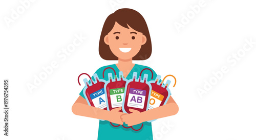 Woman in scrubs holding multiple bags of different blood types