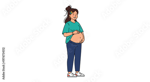 Illustration of a smiling pregnant woman standing and holding her belly