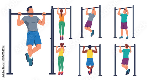 People performing pull ups on parallel bars in a fitness illustration