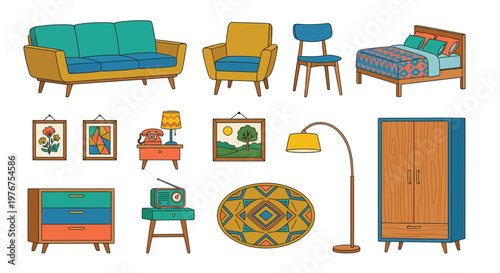 Colorful mid century modern furniture and decor set on a white background