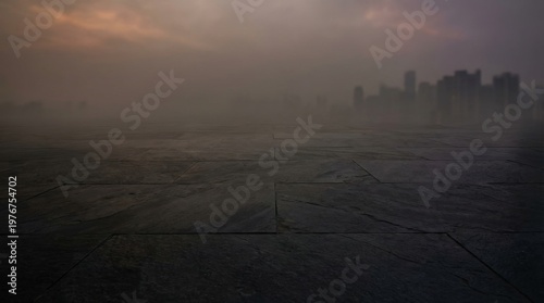Empty stone terrace dissolving into a murky skyline under violet brown haze, emphasizing abandoned civic space, reflective ground texture, and the psychological weight of city air pollution