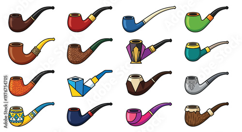 Collection of colorful cartoon style smoking pipes arranged on a white background