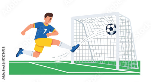 A soccer player kicks the ball towards the goal in a vibrant illustration
