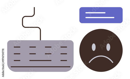 Online bullying, digital stress, poor communication, user frustration, technology issues, social media impact. Sad face and computer keyboard. Online bullying and digital stress