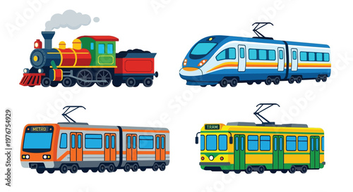 A colorful illustration depicting various types of trains and trams