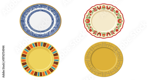 Four decorative plates displayed on a white background