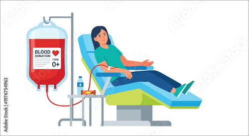 Woman donating blood while reclining in a chair with an iv drip