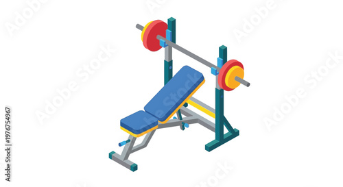 Isometric illustration of a weight bench with barbell for strength training