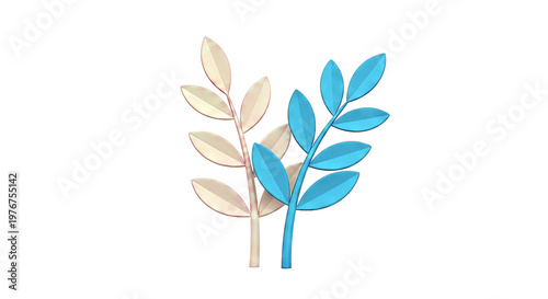 Two stylized branches with coral and navy leaves on a gray background