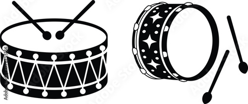 Snare and Bass Drum Vector Set with Drumsticks in Minimalist Black Silhouette