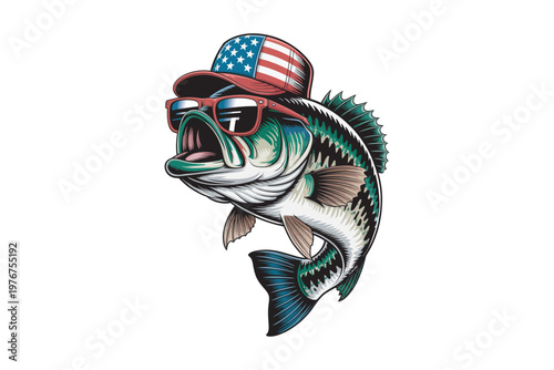 A vibrant cartoonish largemouth bass wearing red sunglasses and a patriotic american flag baseball cap on transparent background high-quality professional detailed.