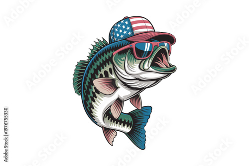 A vibrant cartoonish largemouth bass wearing red sunglasses and a patriotic american flag baseball cap on transparent background high-quality professional detailed.
