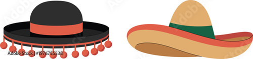 Traditional Mexican Sombrero and Spanish Cordobes Hat Vector Illustration for Cultural Design