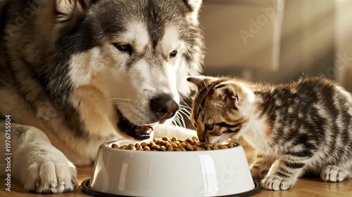 Husky and kitten sharing food bowl on wooden floor indoors together