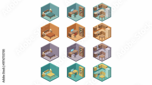 The 3D isometric icon set showcases various rooms and spaces in a detailed illustration.