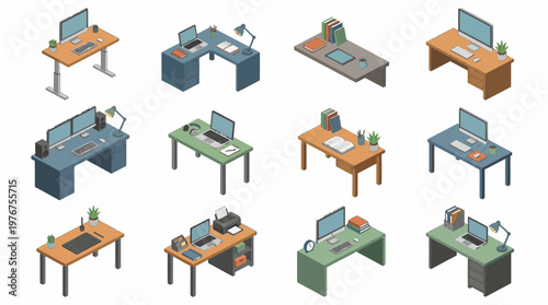 A 3D isometric icon set of various office desks with computers and accessories