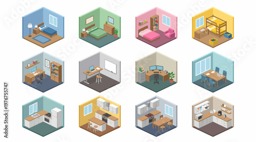 The 3D isometric icon set features various room interiors with furniture and decor.