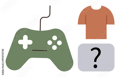 Gaming, choices, identity, decision-making, fashion incorporation, mystery. Green gaming controller, orange T-shirt gray box with a question mark. Gaming and choices concept