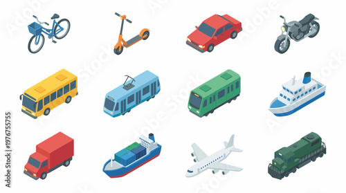 Isometric 3D icon set of various transportation vehicles on white background