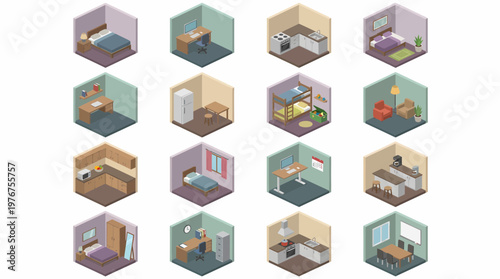 Isometric 3D icon set of various rooms and interior spaces in a building.