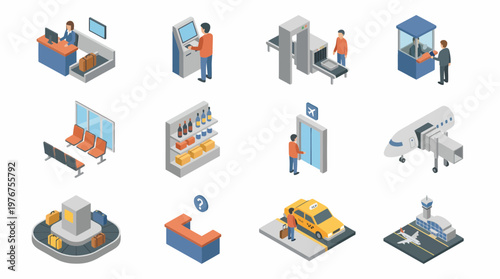 Isometric 3D icon set depicts various airport scenes and objects in a set.