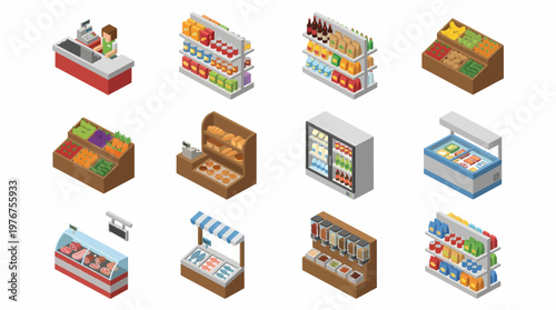 The 3D isometric icon set showcases various supermarket sections and checkout counters.