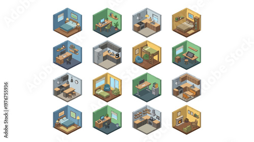 A 3D isometric icon set of various office rooms and interior spaces.