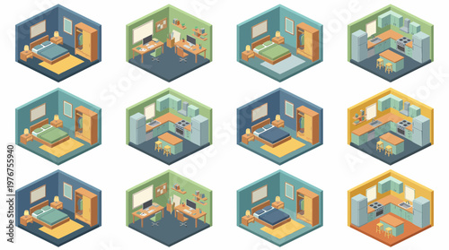 Isometric 3D icon set of various office rooms and workspaces in different layouts