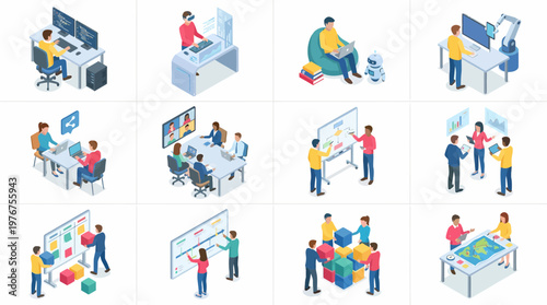 A 3D isometric icon set depicting people working in an office environment with various activities.