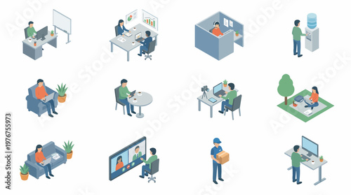 A 3D isometric icon set depicting various office and workspace scenarios.