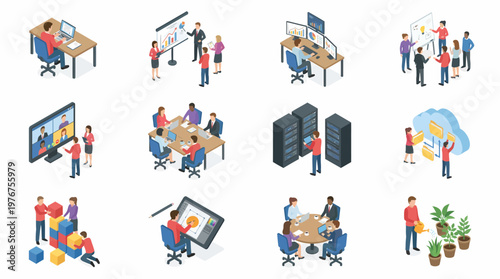 A 3D isometric icon set depicting various office scenes with people working together.