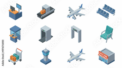 Isometric 3D icon set depicting various airport elements and travel infrastructure