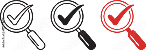 Magnifying glass icons with checkmarks in black and red on white background