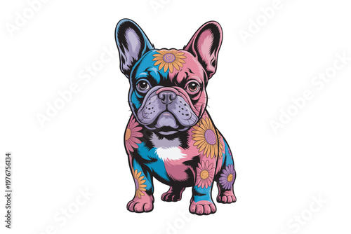 A vibrant and colorful illustration of a french bulldog adorned with floral patterns showcasing a playful and artistic design on transparent background.