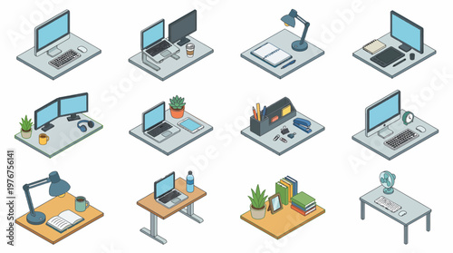 The 3D isometric icon set showcases various office desks with computers and accessories.