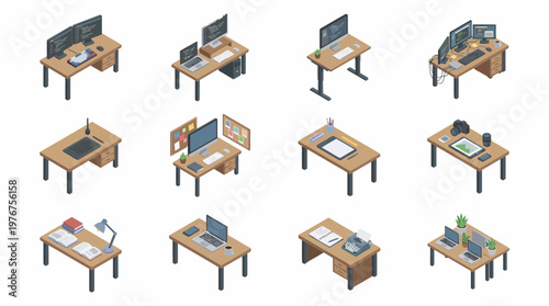 A 3D isometric icon set of office desks with computers and furniture