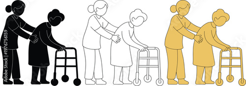 Nurse Helping Elderly Patient With Walking Frame Icon For Healthcare And Rehabilitation